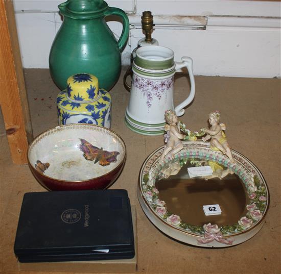 Cherub porcelain, wedgewood plaques, lamp etc